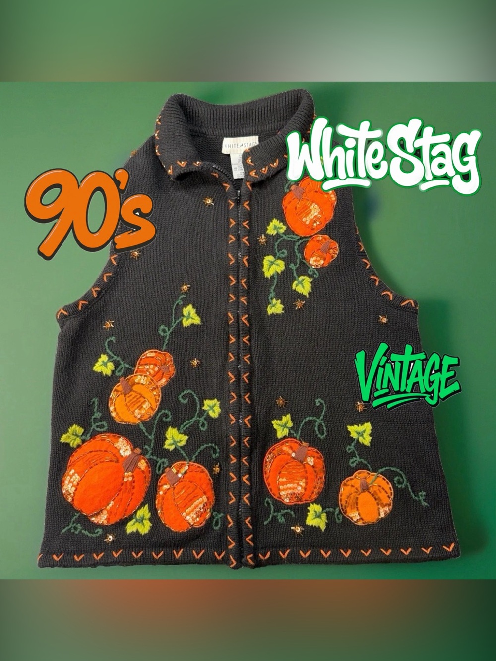 Vintage 90s White Stag Vest M Black Orange Pumpkin Halloween Sequins Ramie Zip